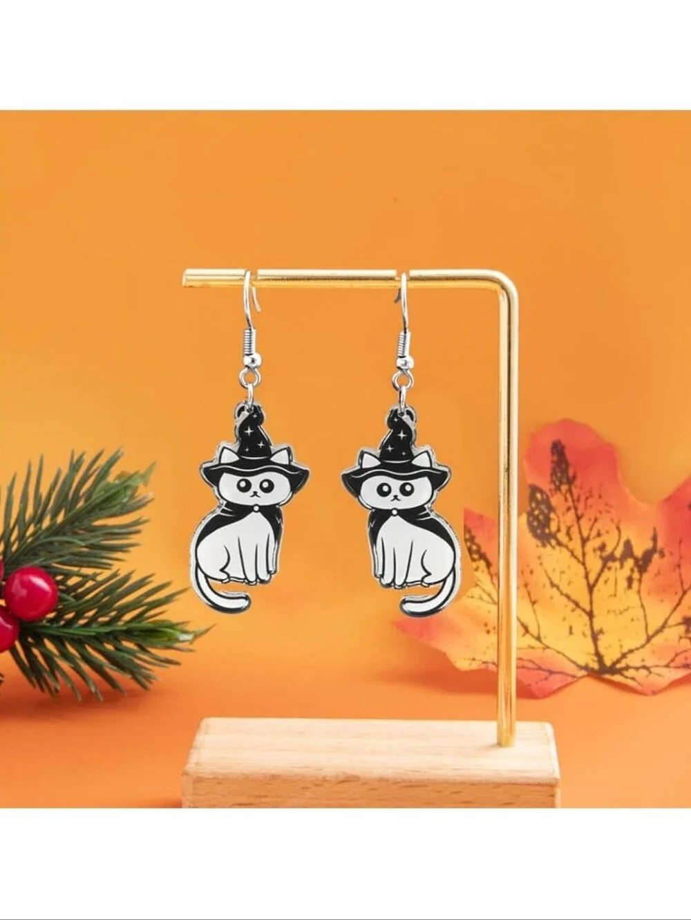 Cute Black & White Cat Witch Earrings for Pets Cat